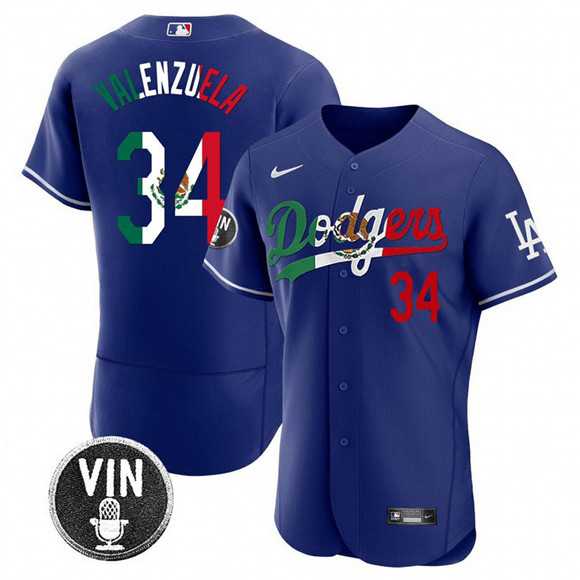 Men%27s Los Angeles Dodgers #34 Fernando Valenzuela Royal Mexico Special Vin Scully Patch Flex Base Stitched Jersey Dzhi->los angeles dodgers->MLB Jersey